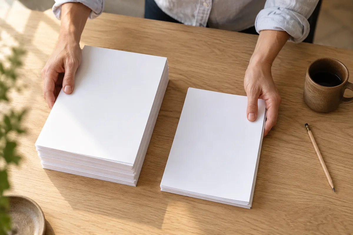Mains triant des feuilles blanches en deux piles sur un bureau en bois