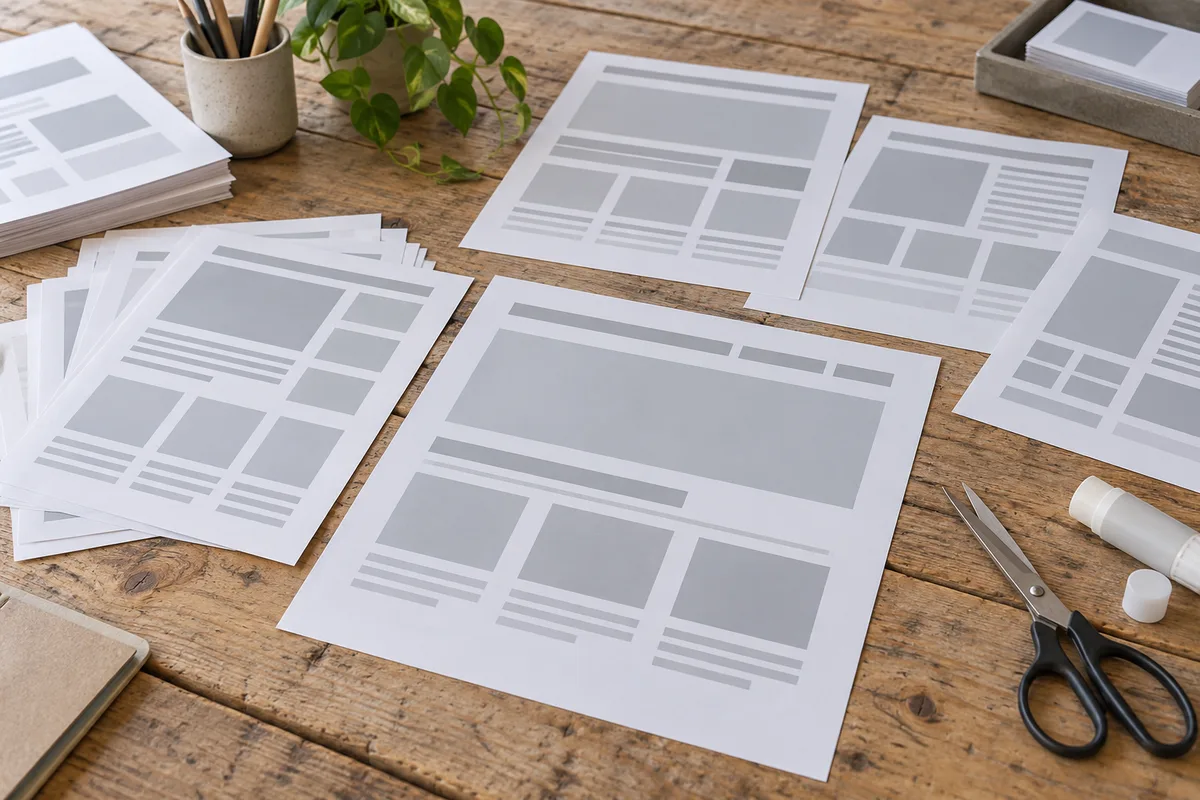 Maquettes papier de pages web composées de blocs gris étalées sur une table