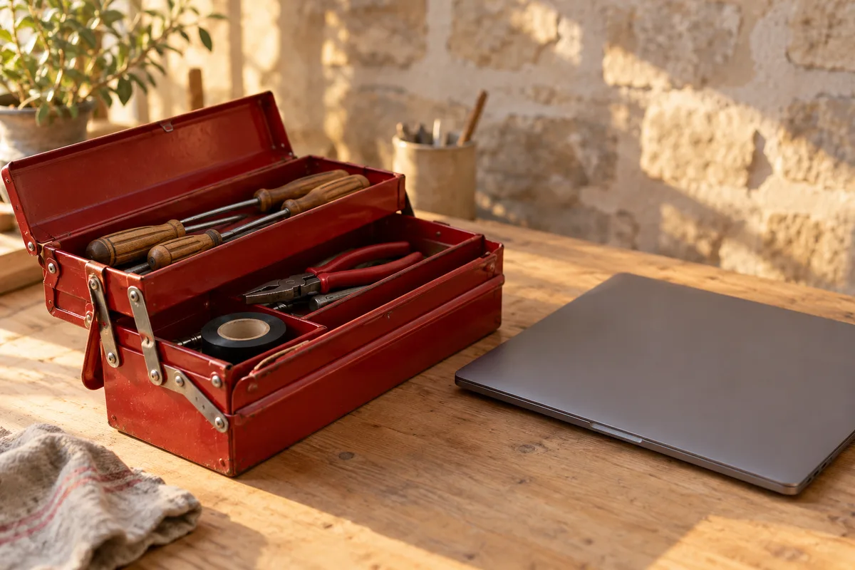 Boîte à outils ouverte posée à côté d’un ordinateur portable fermé