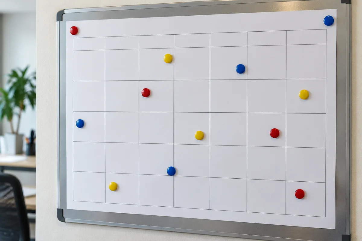 Calendrier mural aux cases vierges ponctué d’aimants de couleur