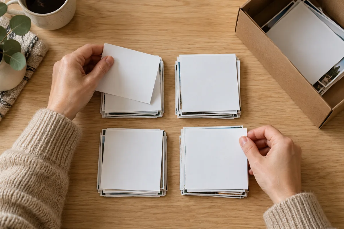 Mains classant des tirages photo retournés en plusieurs piles sur une table
