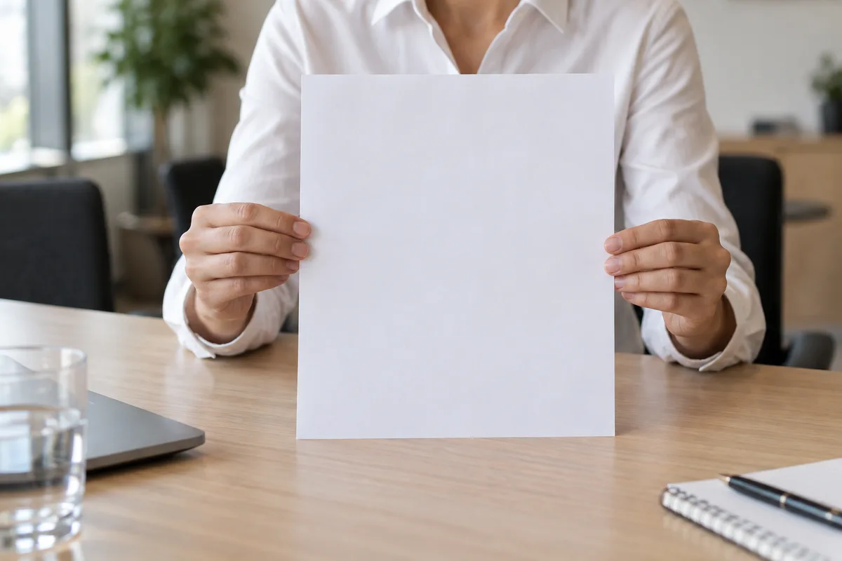 Mains tenant une feuille blanche au-dessus d&rsquo;une table de réunion