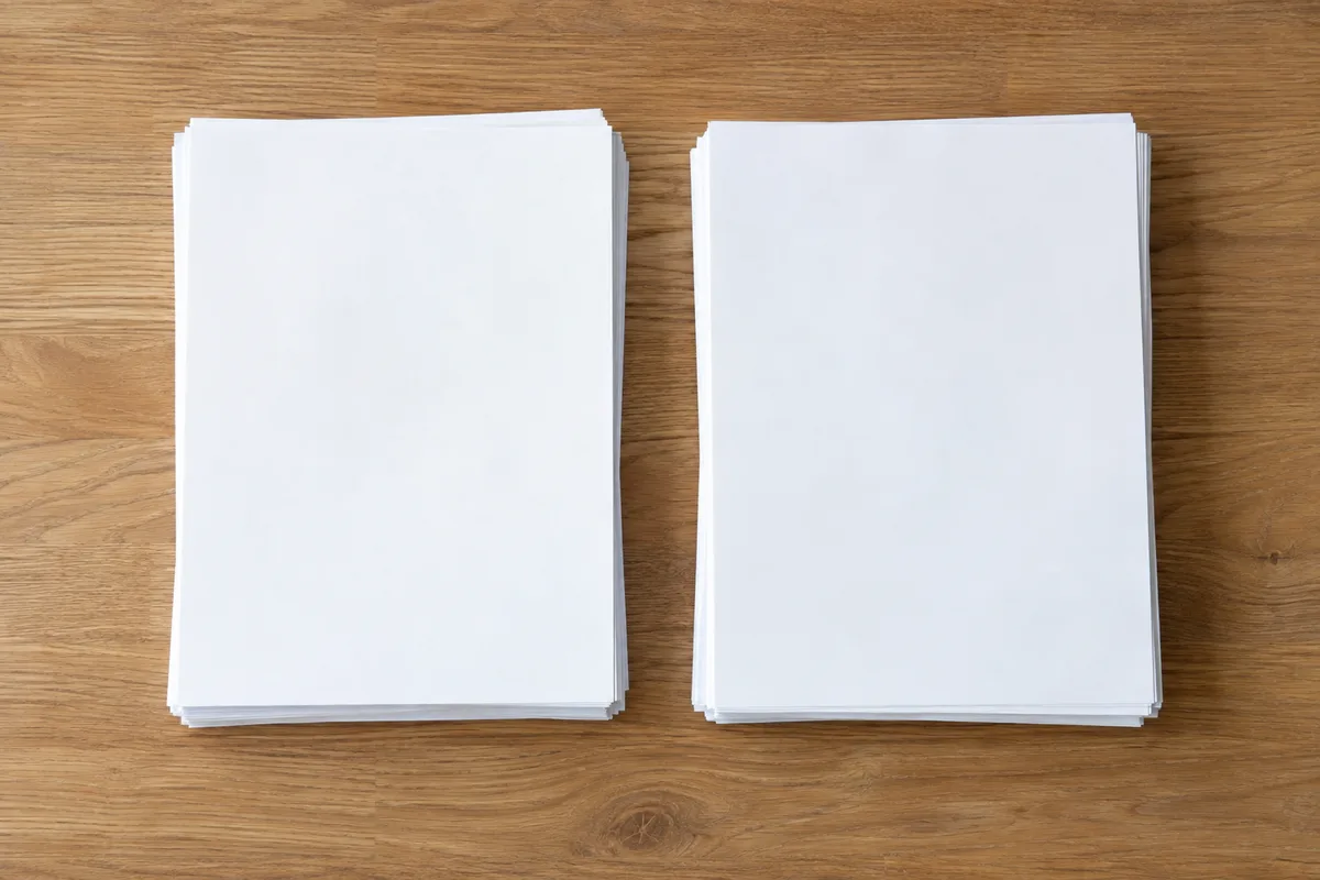 Deux piles de feuilles blanches côte à côte sur un bureau