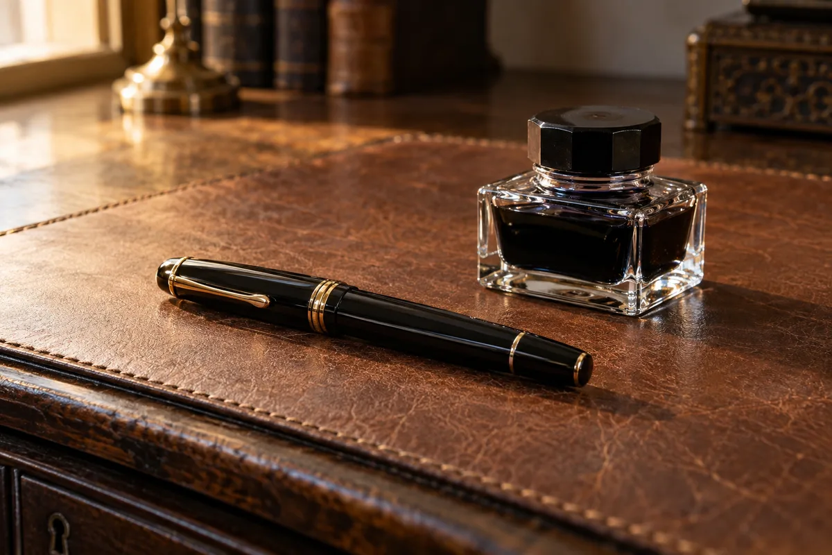 Stylo plume et encrier en verre posés sur un sous-main en cuir