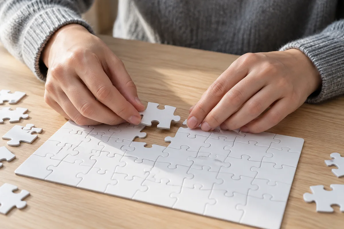 Mains posant des pièces de puzzle blanches sur une table en bois