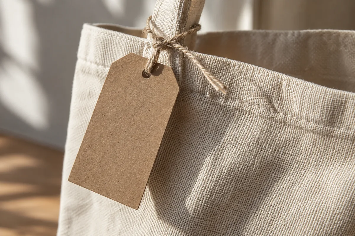 Étiquette en carton kraft vierge attachée par une ficelle à un sac en toile