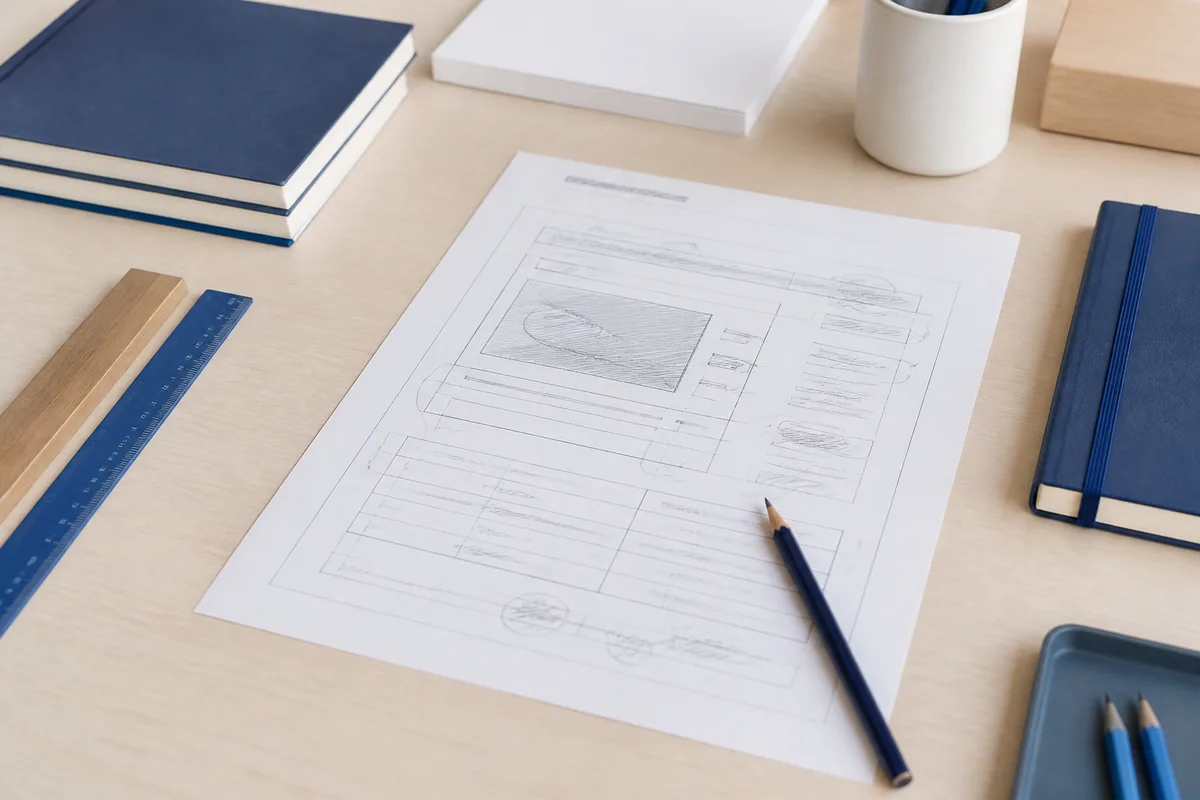 Devis de création de site annoté au crayon sur un bureau