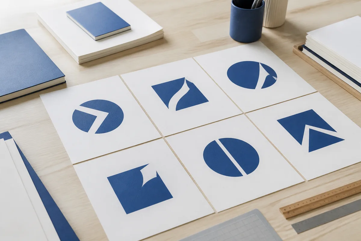 Déclinaisons d&rsquo;un logo imprimées et posées sur une table de travail